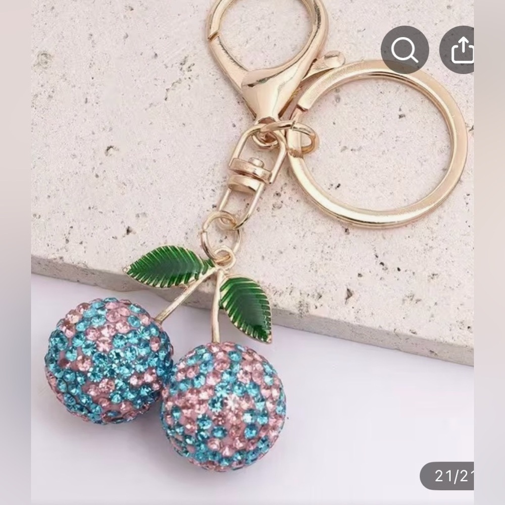 Blue Cherry Keychain ~ Gold and Pink Accents and Green Leaves